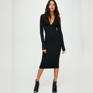 Aritzia Wilfred Free Abby Midi Dress Black Deep Plunge Long Sleeve Size S